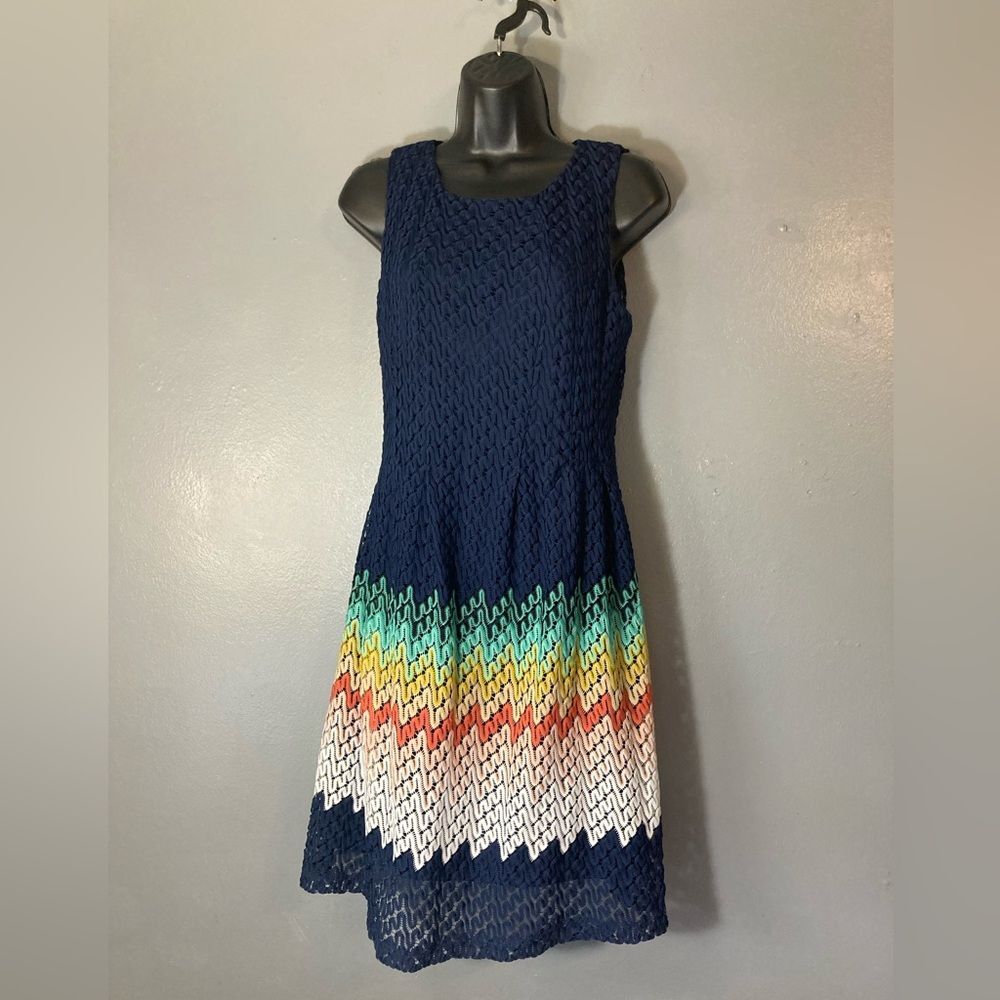 R&K Blue and Rainbow Crochet A-Line Mini Dress